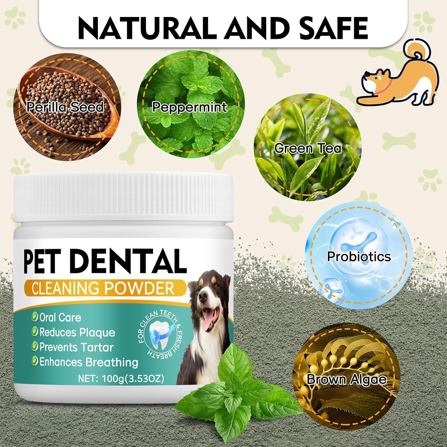 Dog Dental Powder, Dog Teeth Cleaning Powder- Natural Breath Freshener for Dogs, Tartar & Plaque Remover, Dental Care for Small, Medium, Large Dogs & Cats (Dog Dental Powder)