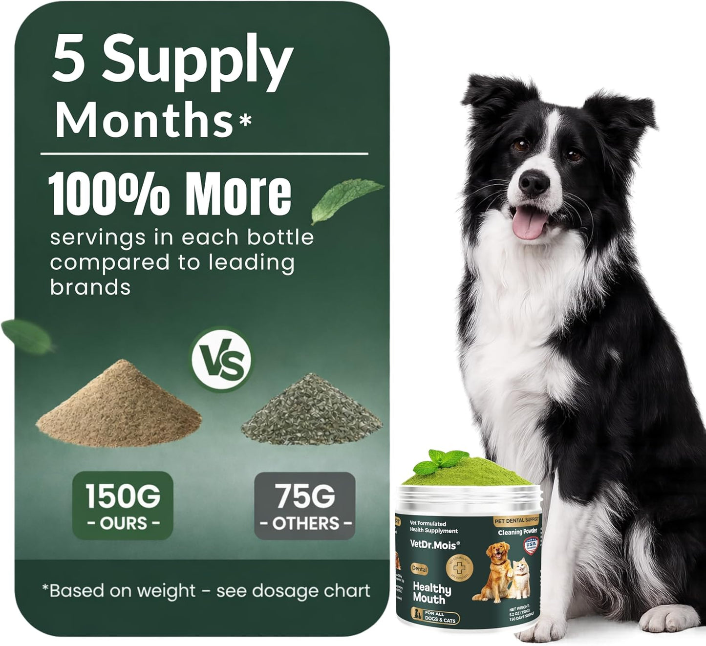 Dog Teeth Cleaning Powder for Dogs & Cats, Dental Powder for Plaque & Tartar Control, Fresh Breath Oral Care, No Brushing Needed, 150G